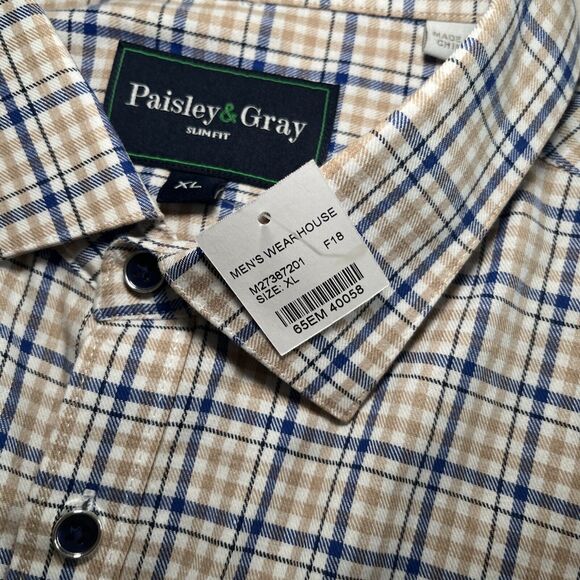 Paisley & Gray Shirt Mens XL Blue Beige Plaid 100% Cotton Slim Fit Button-Up NWT - Picture 10 of 12